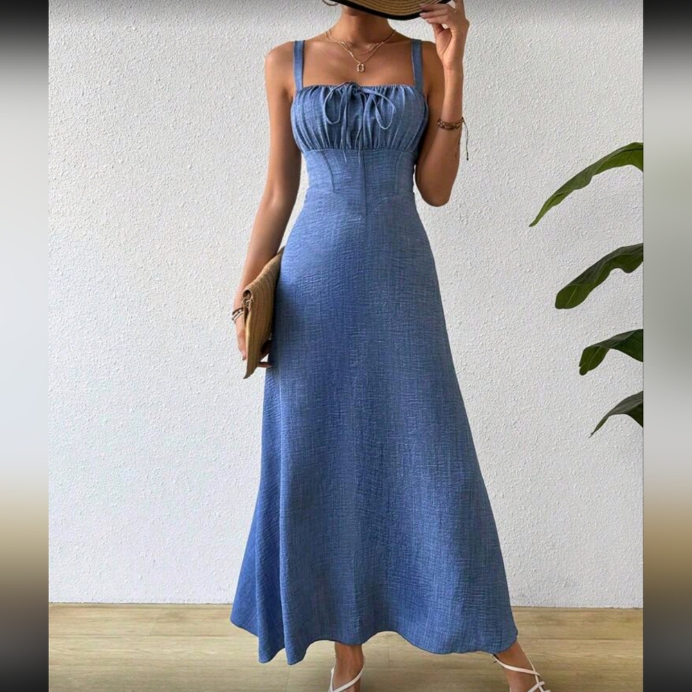 Pleated Bust Tie Strap Cami Dress Maxi Vacation Beach Outfits Women
